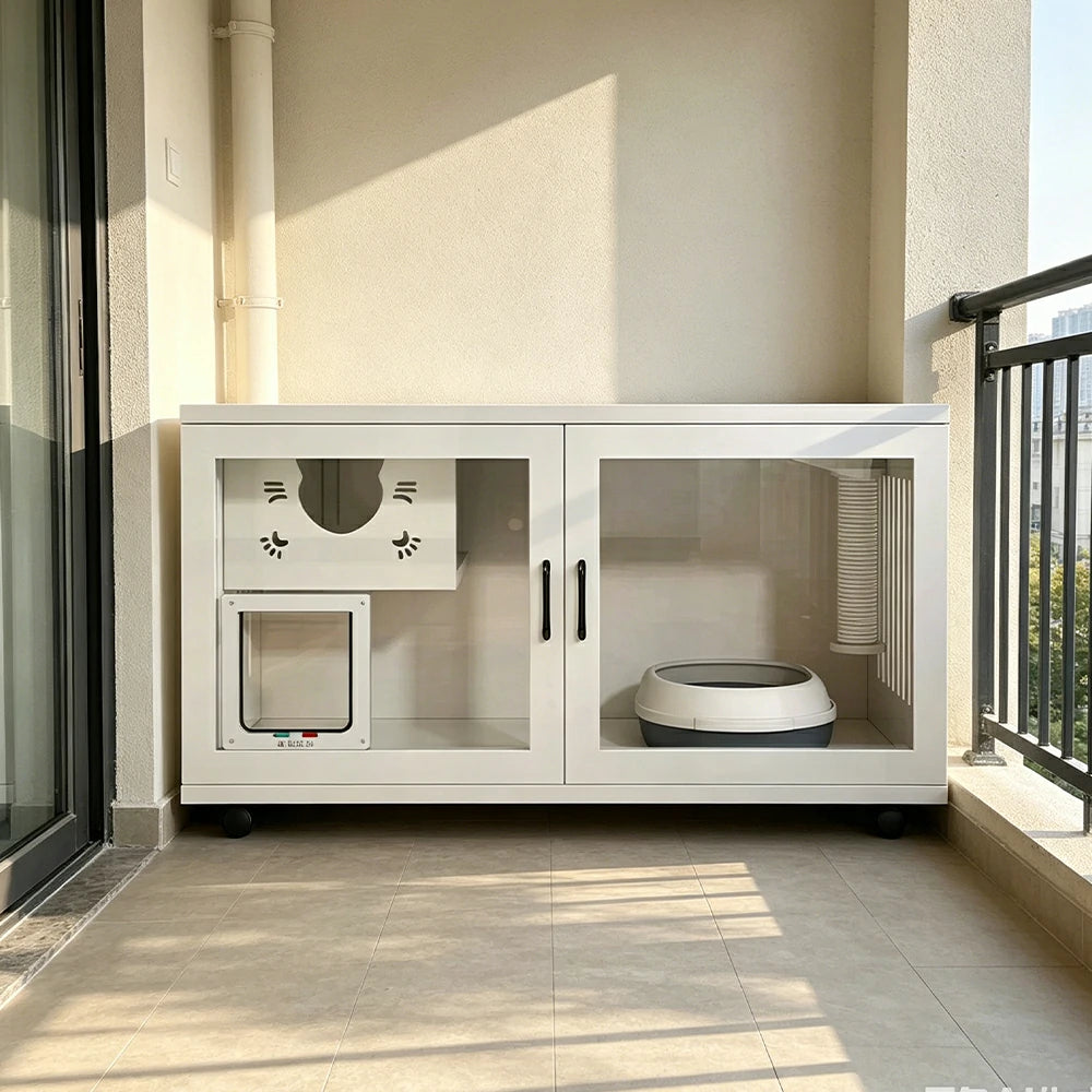 PAWORA Multi-Level Cat Cabinet with Ventilated Transparent Doors 120x60x60cm For Living Room Balcony Pet Room - White