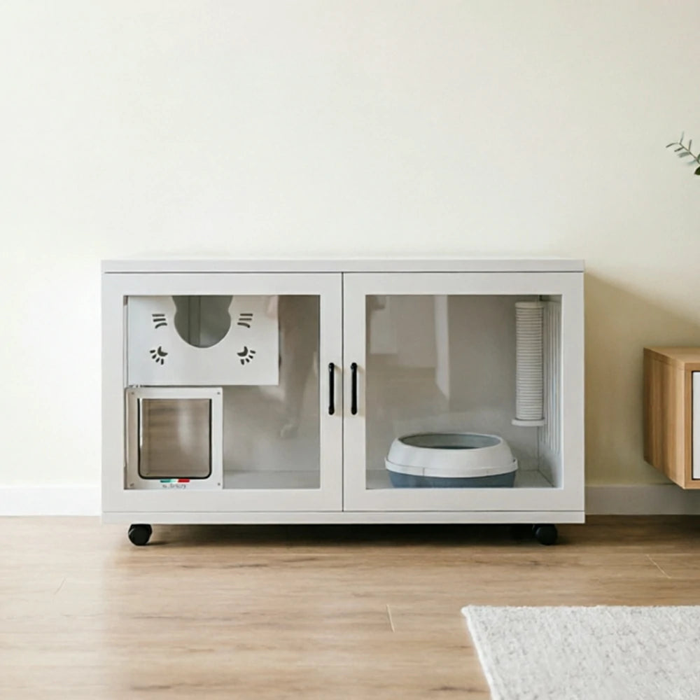 PAWORA Multi-Level Cat Cabinet with Ventilated Transparent Doors 120x60x60cm For Living Room Balcony Pet Room - White