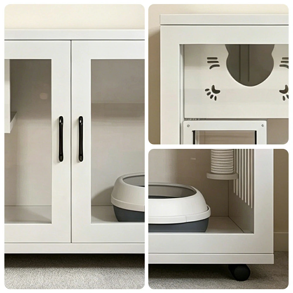 PAWORA Multi-Level Cat Cabinet with Ventilated Transparent Doors 120x60x60cm For Living Room Balcony Pet Room - White