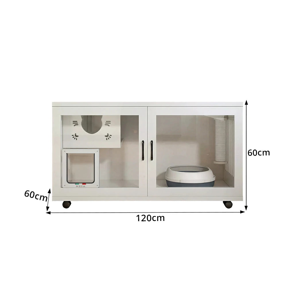 PAWORA Multi-Level Cat Cabinet with Ventilated Transparent Doors 120x60x60cm For Living Room Balcony Pet Room - White