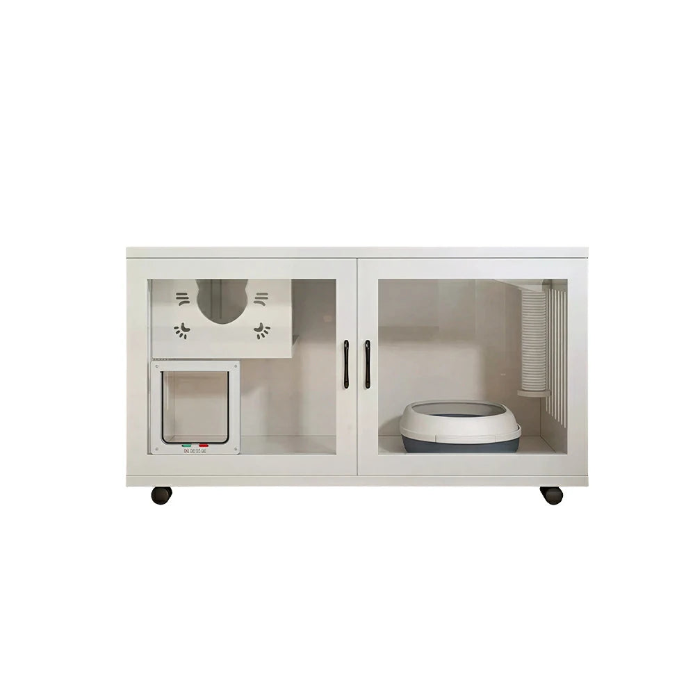 PAWORA Multi-Level Cat Cabinet with Ventilated Transparent Doors 120x60x60cm For Living Room Balcony Pet Room - White