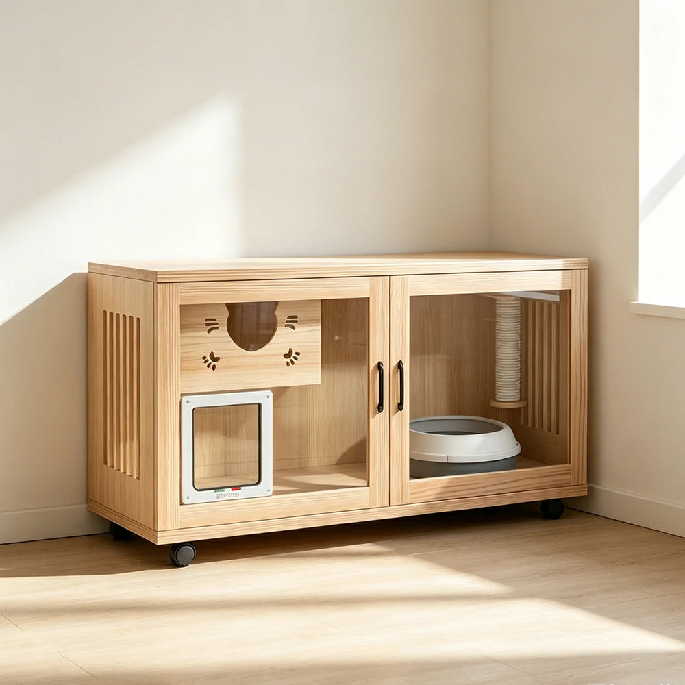 PAWORA Multi-Level Cat Cabinet with Ventilated Transparent Doors 120x60x60cm For Living Room Balcony Pet Room - Wood