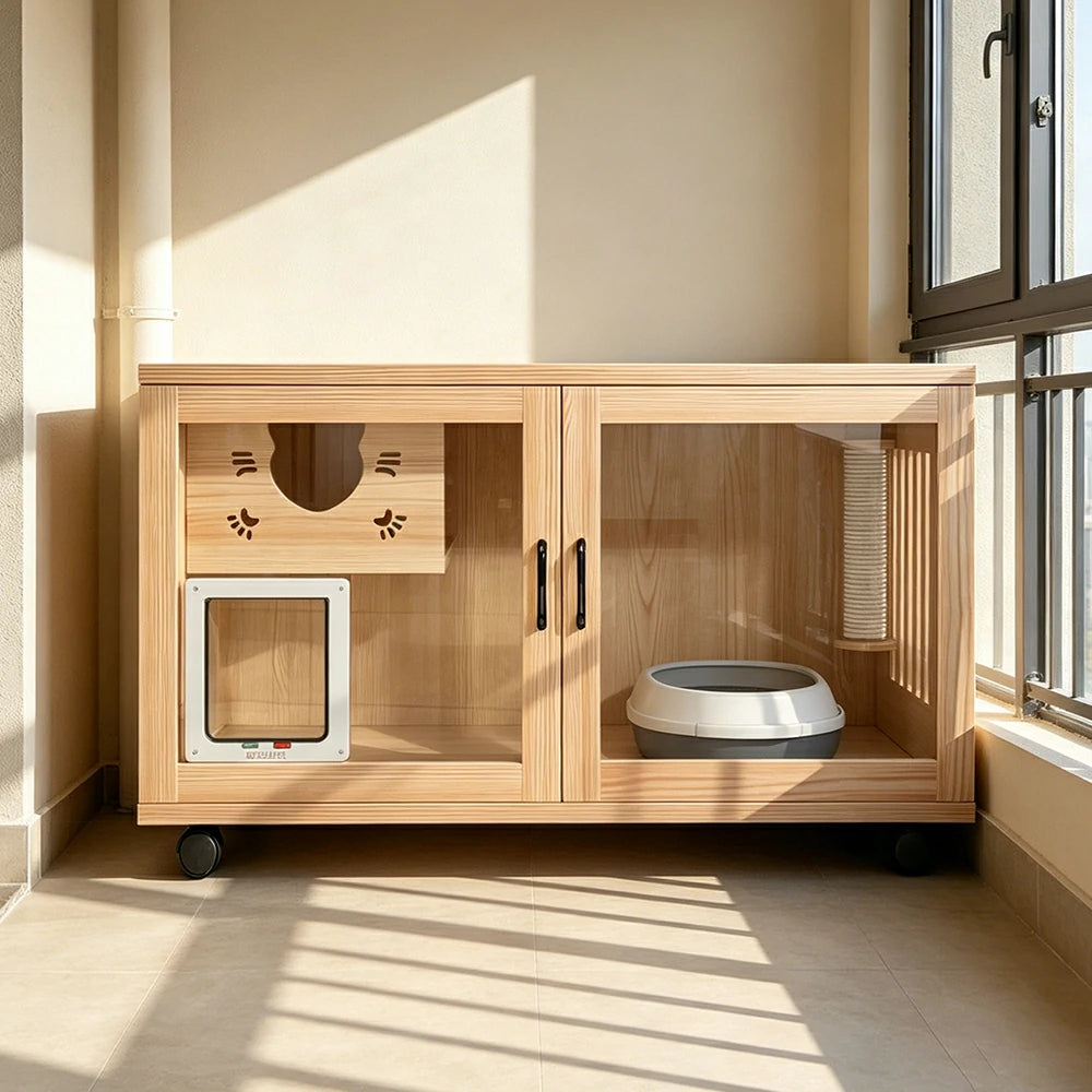 PAWORA Multi-Level Cat Cabinet with Ventilated Transparent Doors 120x60x60cm For Living Room Balcony Pet Room - Wood
