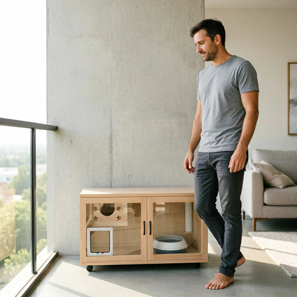 PAWORA Multi-Level Cat Cabinet with Ventilated Transparent Doors 120x60x60cm For Living Room Balcony Pet Room - Wood