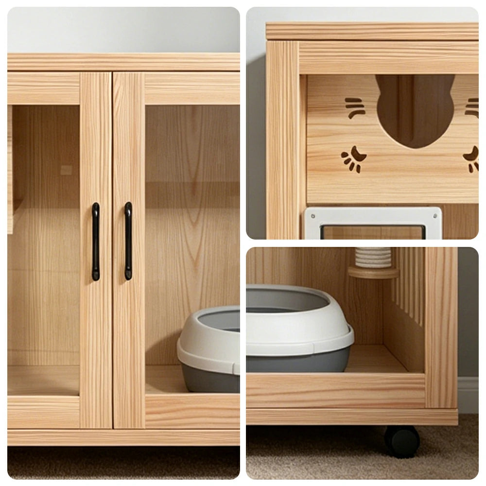 PAWORA Multi-Level Cat Cabinet with Ventilated Transparent Doors 120x60x60cm For Living Room Balcony Pet Room - Wood