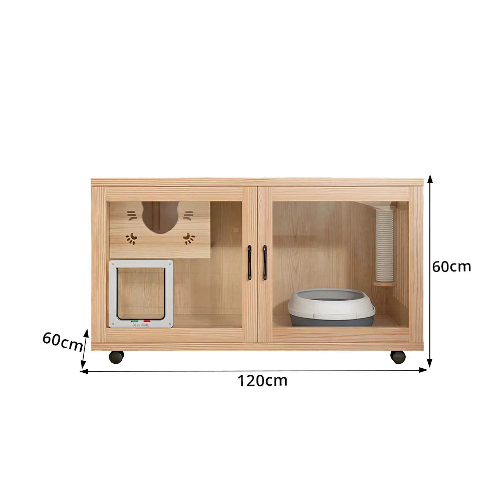 PAWORA Multi-Level Cat Cabinet with Ventilated Transparent Doors 120x60x60cm For Living Room Balcony Pet Room - Wood