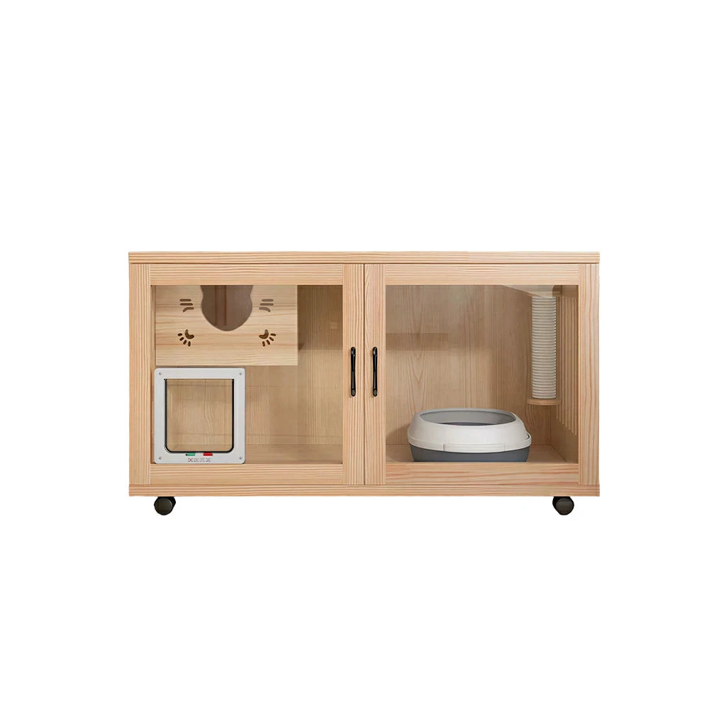 PAWORA Multi-Level Cat Cabinet with Ventilated Transparent Doors 120x60x60cm For Living Room Balcony Pet Room - Wood