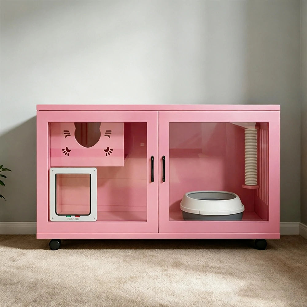 PAWORA Multi-Level Cat Cabinet with Ventilated Transparent Doors 120x60x60cm For Living Room Balcony Pet Room - Pink