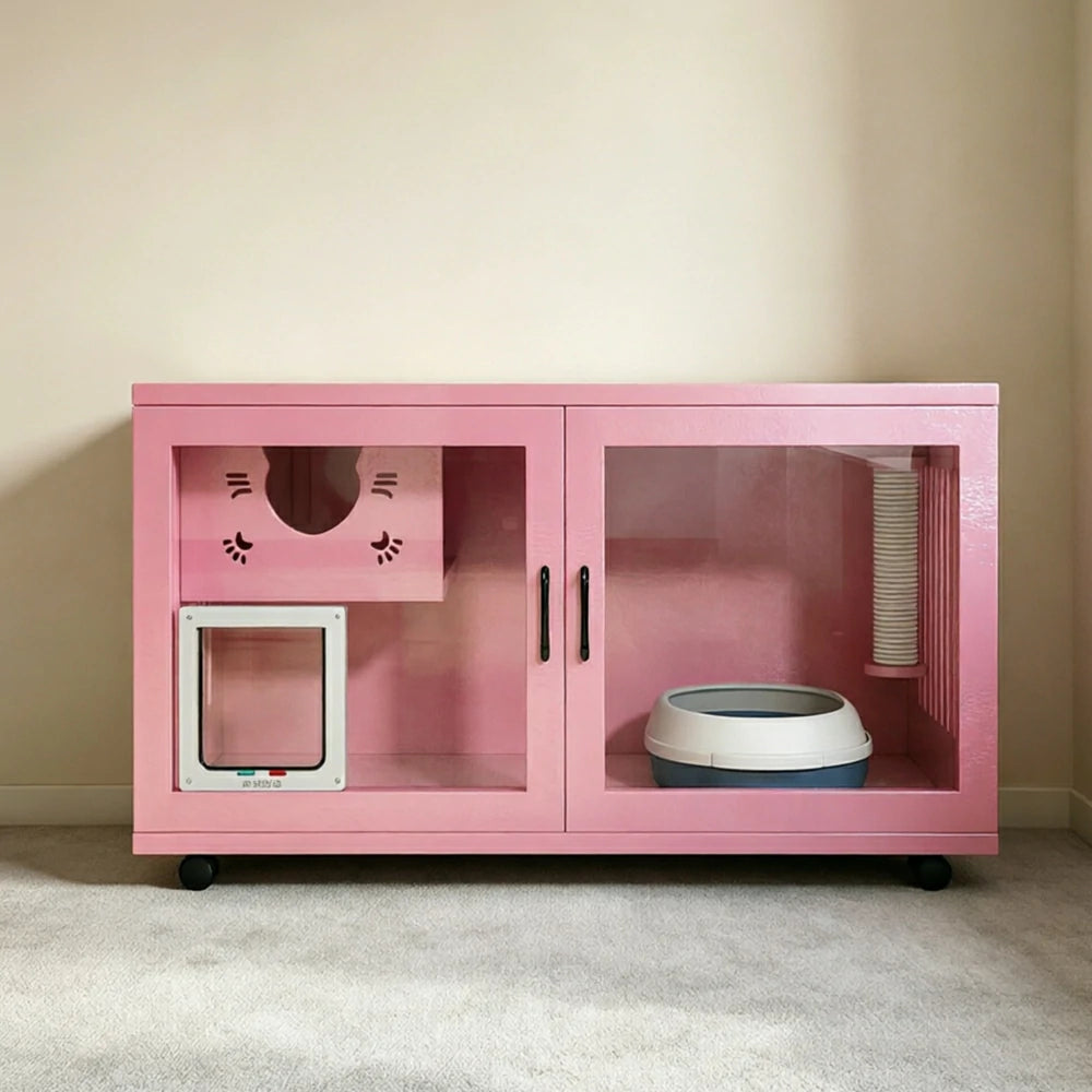 PAWORA Multi-Level Cat Cabinet with Ventilated Transparent Doors 120x60x60cm For Living Room Balcony Pet Room - Pink