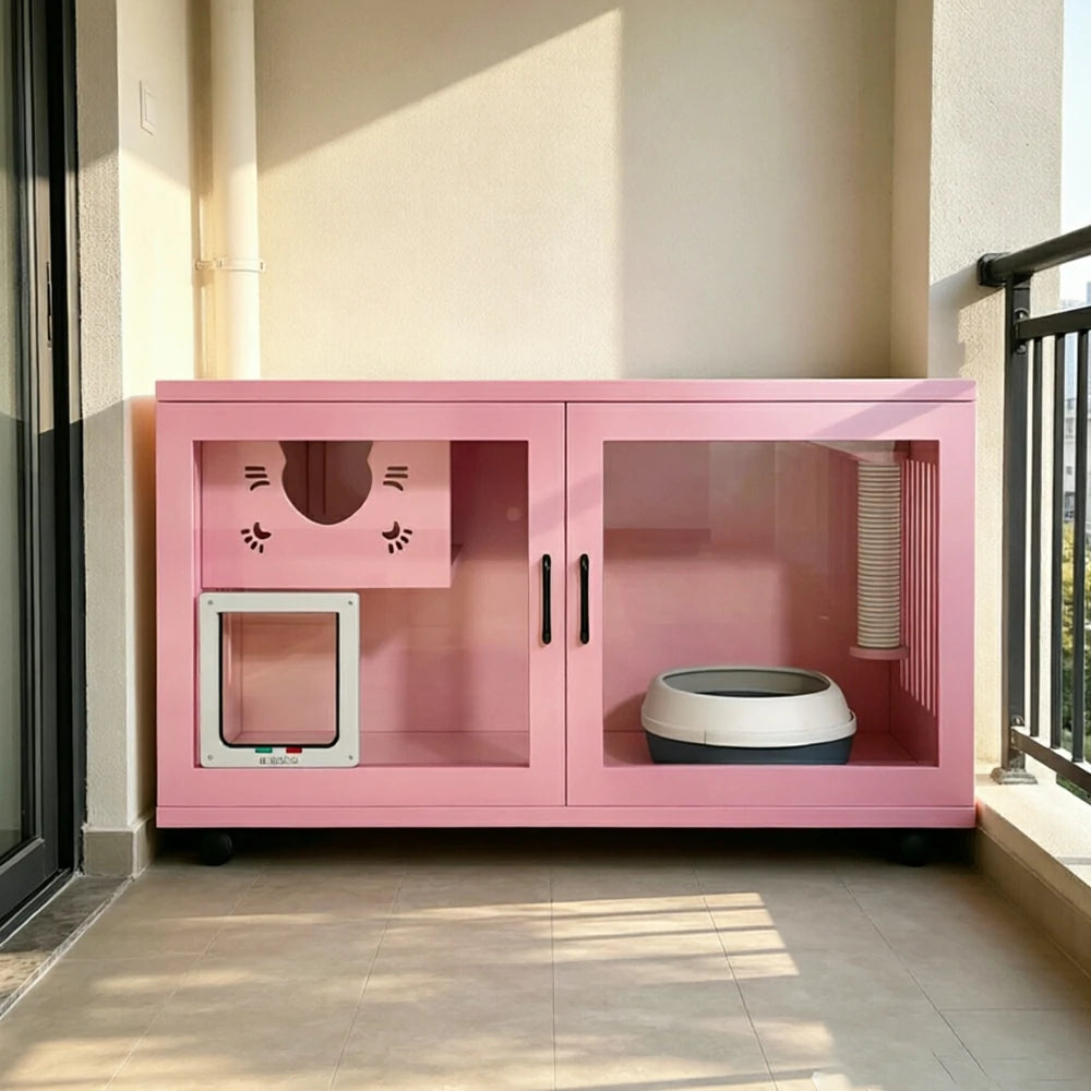 PAWORA Multi-Level Cat Cabinet with Ventilated Transparent Doors 120x60x60cm For Living Room Balcony Pet Room - Pink