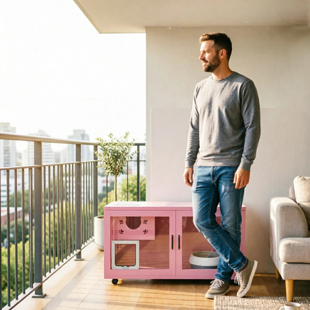 PAWORA Multi-Level Cat Cabinet with Ventilated Transparent Doors 120x60x60cm For Living Room Balcony Pet Room - Pink