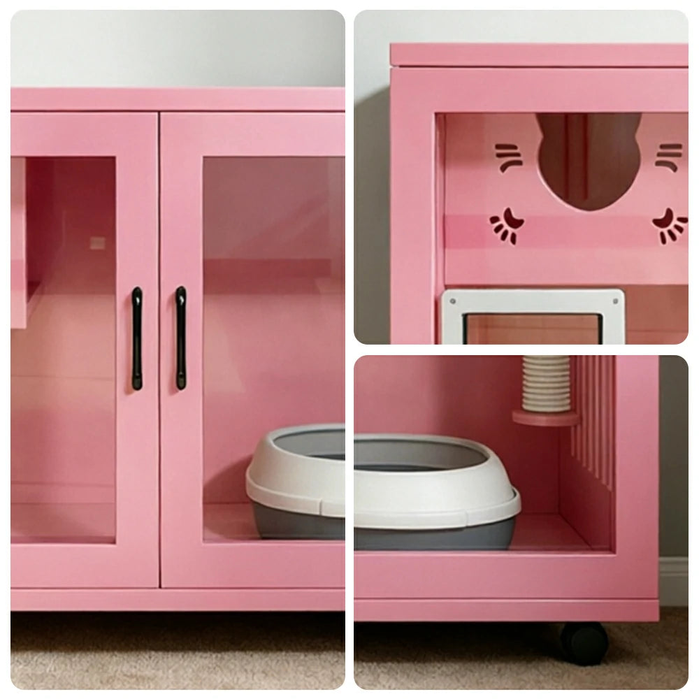 PAWORA Multi-Level Cat Cabinet with Ventilated Transparent Doors 120x60x60cm For Living Room Balcony Pet Room - Pink