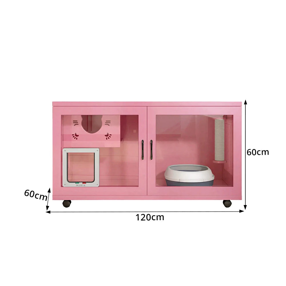 PAWORA Multi-Level Cat Cabinet with Ventilated Transparent Doors 120x60x60cm For Living Room Balcony Pet Room - Pink