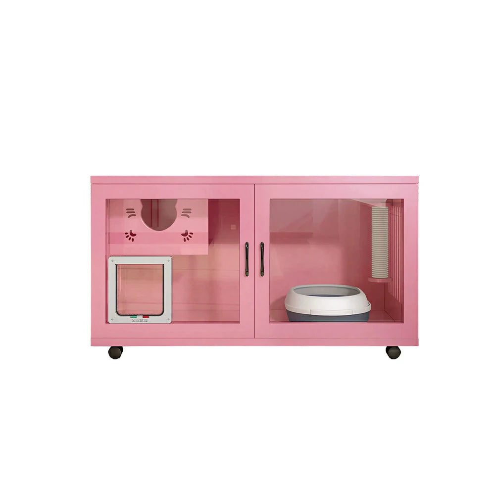 PAWORA Multi-Level Cat Cabinet with Ventilated Transparent Doors 120x60x60cm For Living Room Balcony Pet Room - Pink