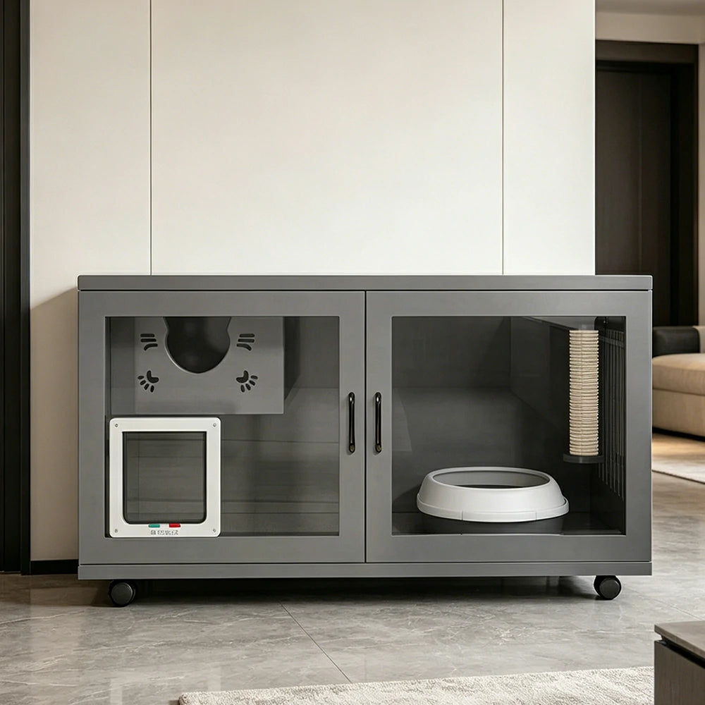 PAWORA Multi-Level Cat Cabinet with Ventilated Transparent Doors 120x60x60cm For Living Room Balcony Pet Room - Grey