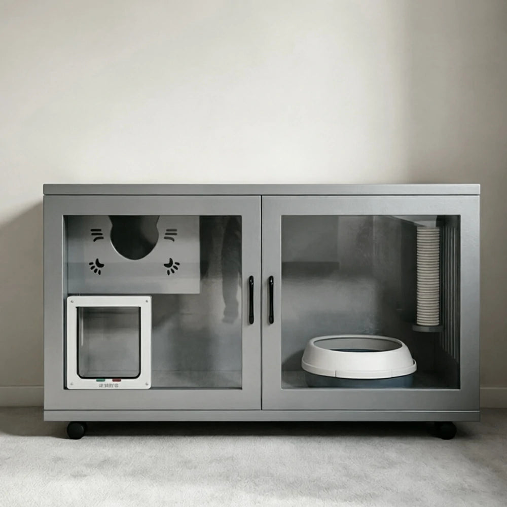 PAWORA Multi-Level Cat Cabinet with Ventilated Transparent Doors 120x60x60cm For Living Room Balcony Pet Room - Grey