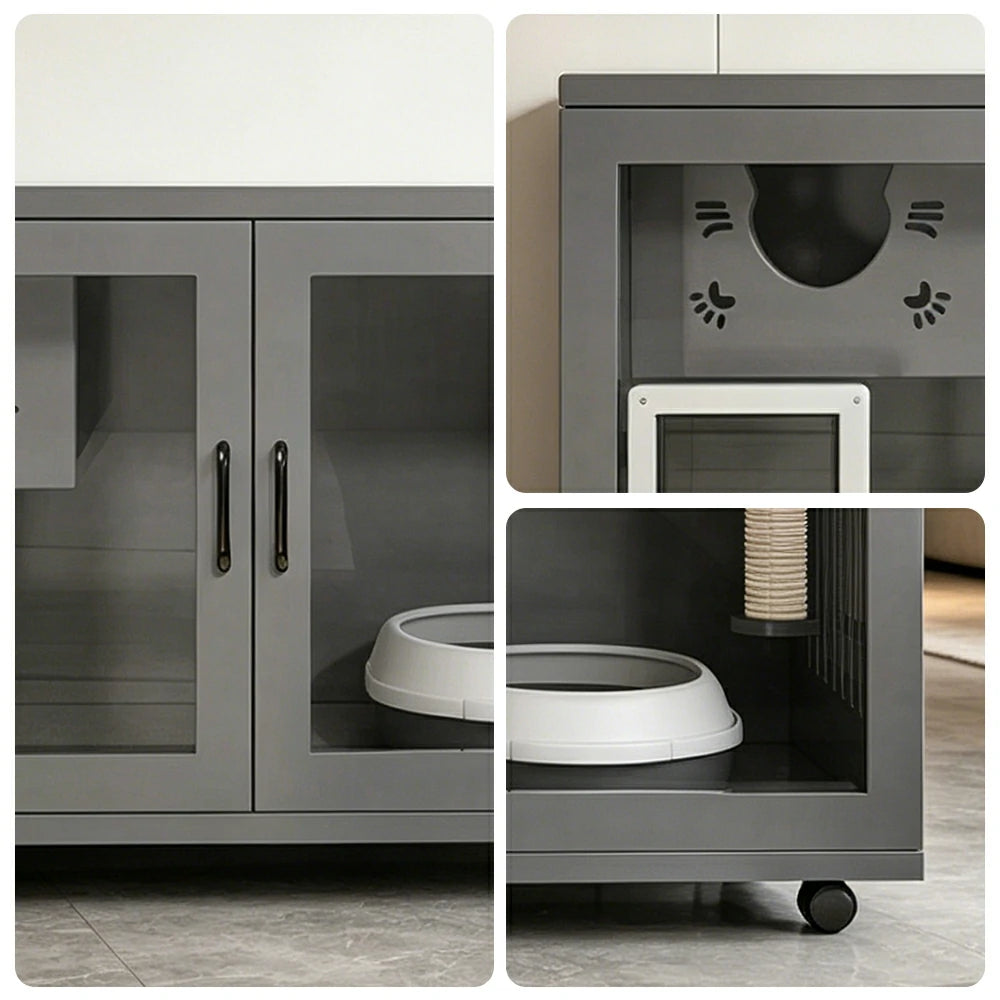PAWORA Multi-Level Cat Cabinet with Ventilated Transparent Doors 120x60x60cm For Living Room Balcony Pet Room - Grey