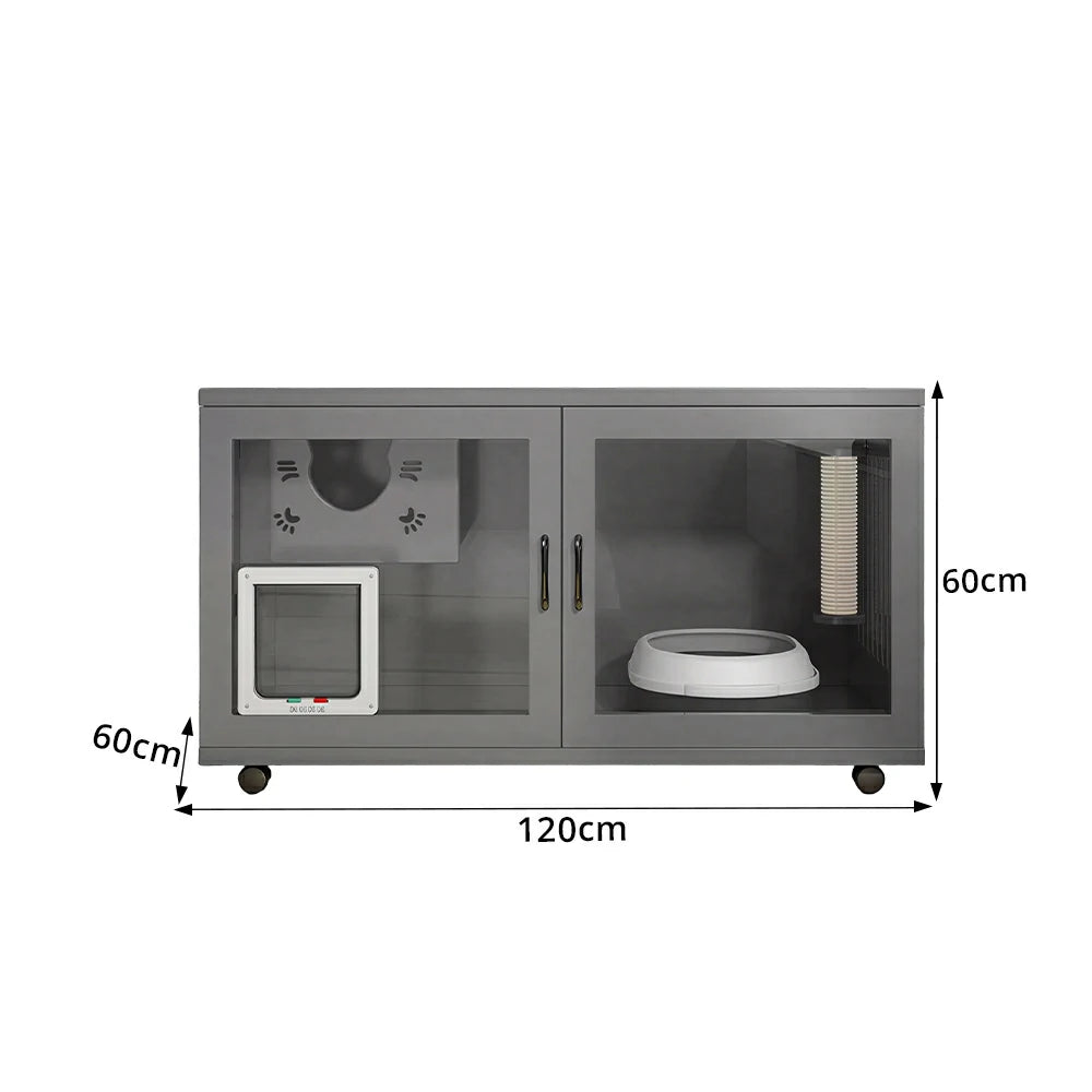 PAWORA Multi-Level Cat Cabinet with Ventilated Transparent Doors 120x60x60cm For Living Room Balcony Pet Room - Grey