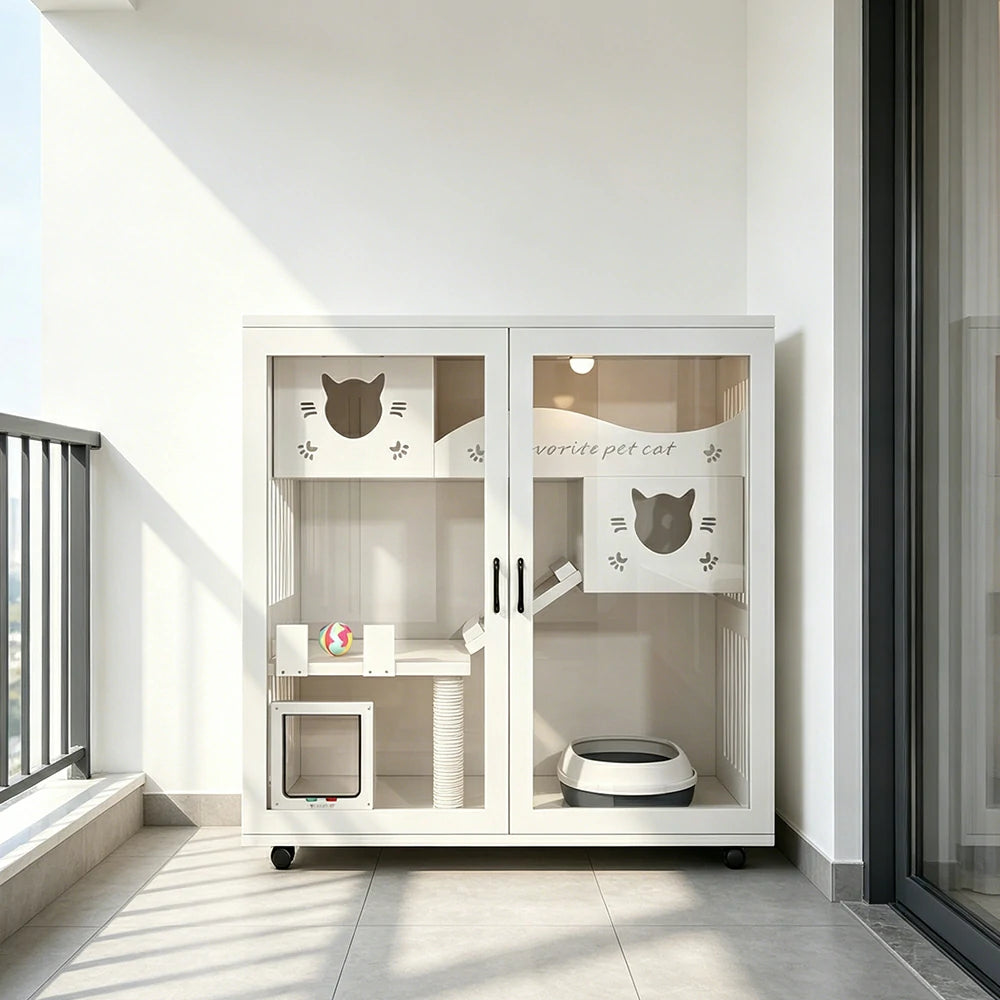 PAWORA Multi-Level Cat Cabinet with Ventilated Transparent Doors 120x60x120cm For Living Room Balcony Pet Room - White