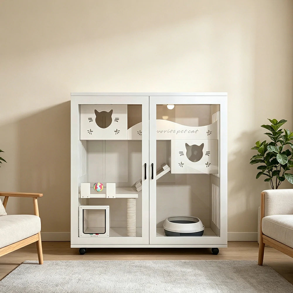 PAWORA Multi-Level Cat Cabinet with Ventilated Transparent Doors 120x60x120cm For Living Room Balcony Pet Room - White