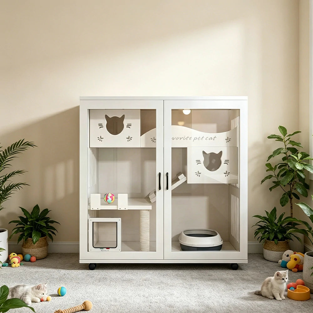 PAWORA Multi-Level Cat Cabinet with Ventilated Transparent Doors 120x60x120cm For Living Room Balcony Pet Room - White