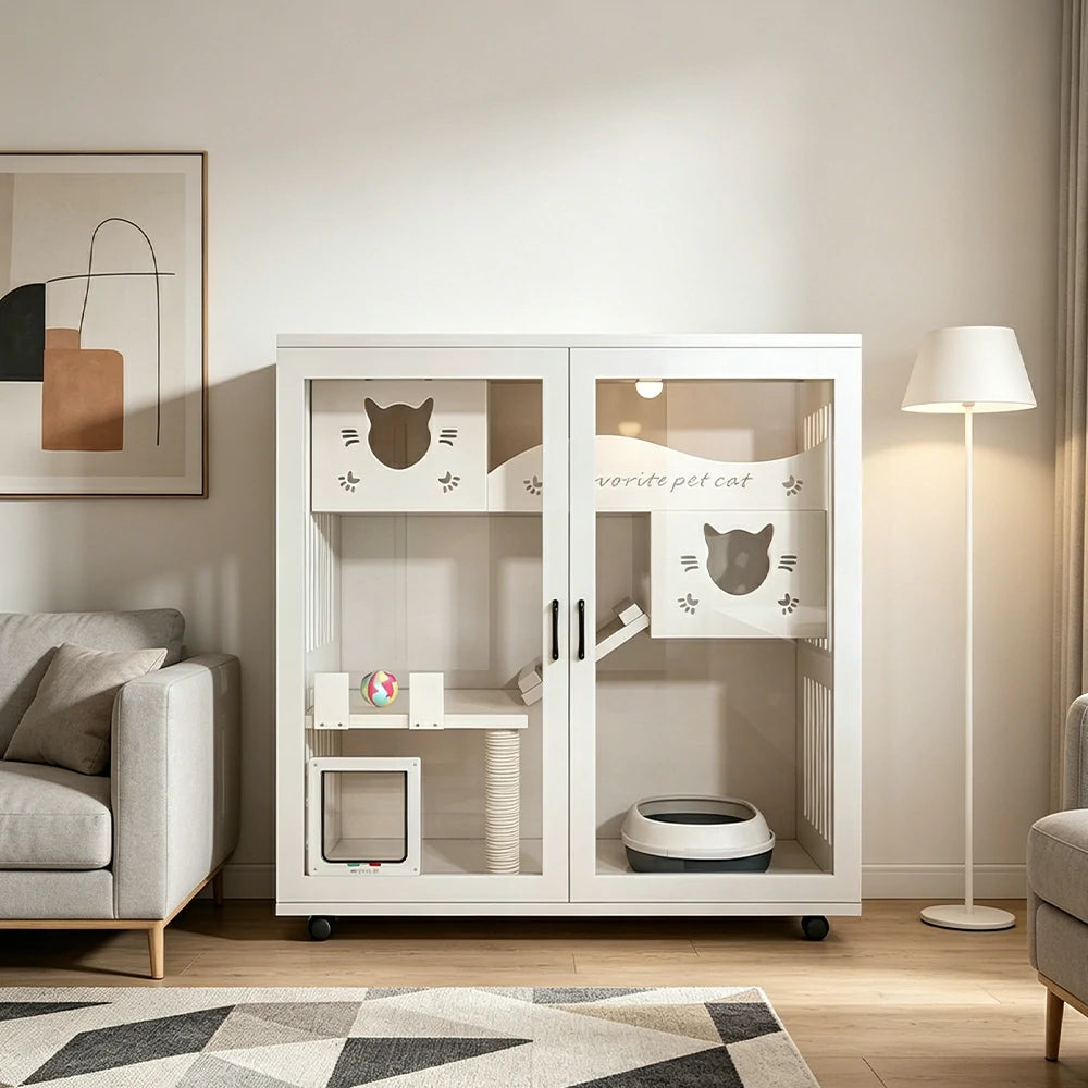 PAWORA Multi-Level Cat Cabinet with Ventilated Transparent Doors 120x60x120cm For Living Room Balcony Pet Room - White