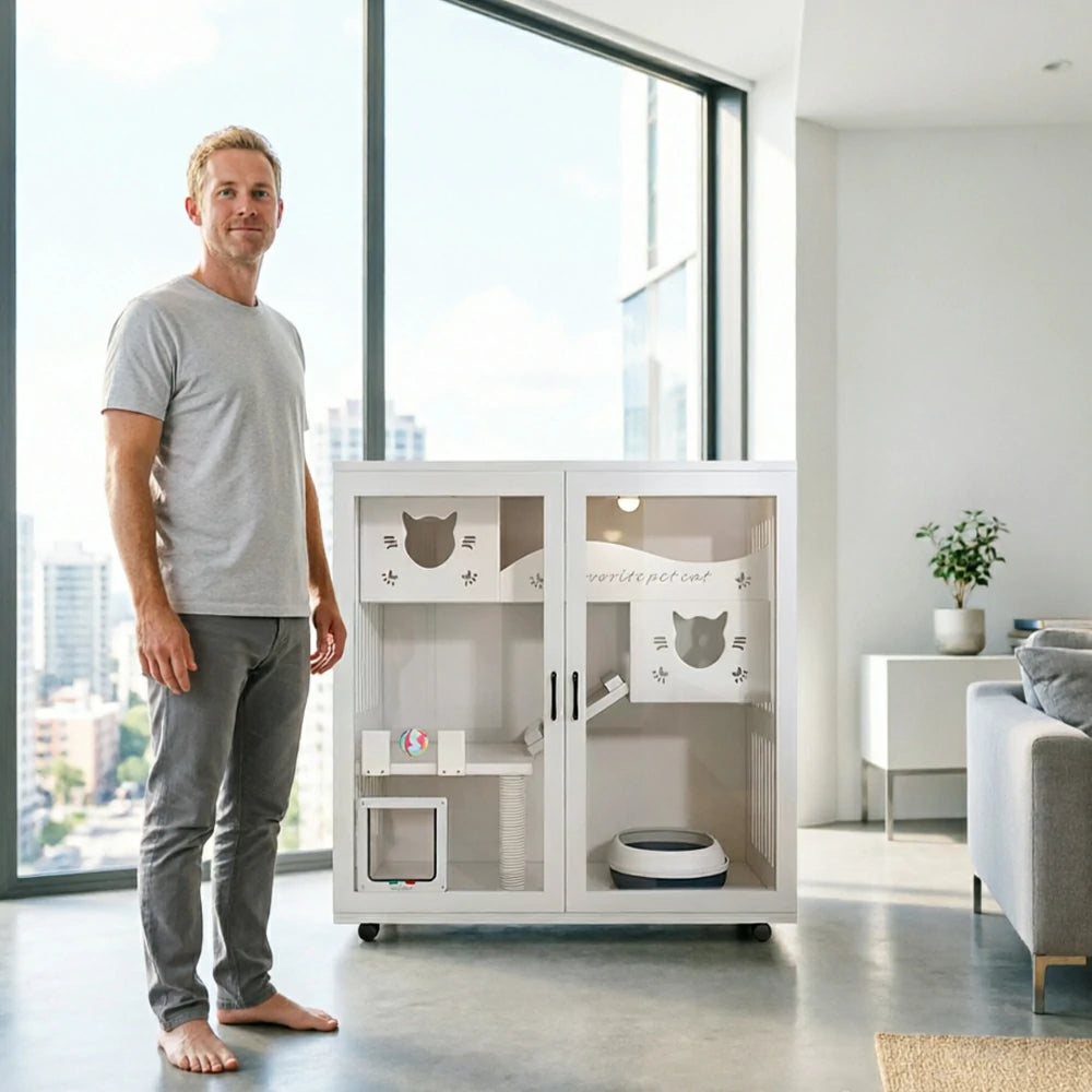 PAWORA Multi-Level Cat Cabinet with Ventilated Transparent Doors 120x60x120cm For Living Room Balcony Pet Room - White
