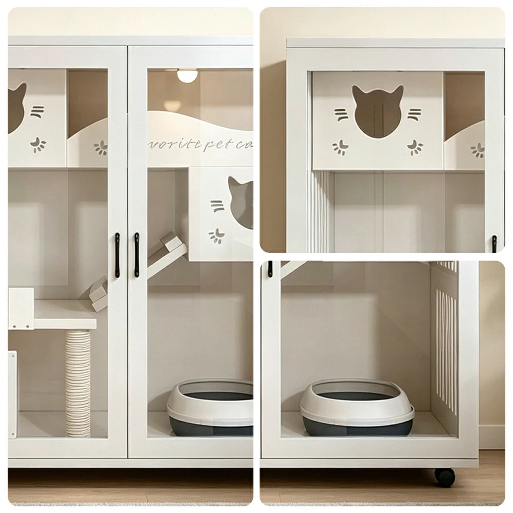 PAWORA Multi-Level Cat Cabinet with Ventilated Transparent Doors 120x60x120cm For Living Room Balcony Pet Room - White