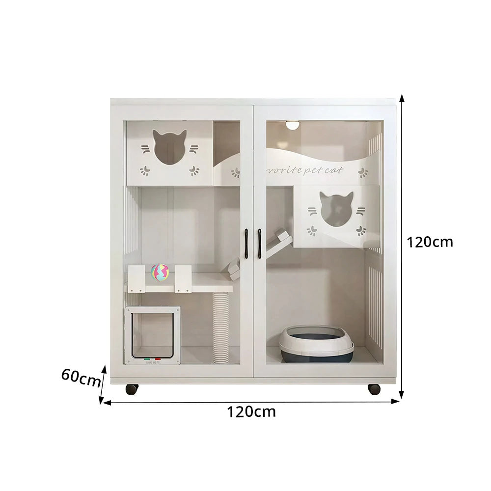 PAWORA Multi-Level Cat Cabinet with Ventilated Transparent Doors 120x60x120cm For Living Room Balcony Pet Room - White