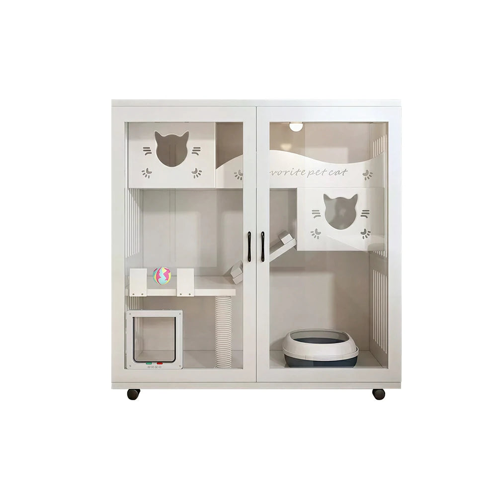 PAWORA Multi-Level Cat Cabinet with Ventilated Transparent Doors 120x60x120cm For Living Room Balcony Pet Room - White