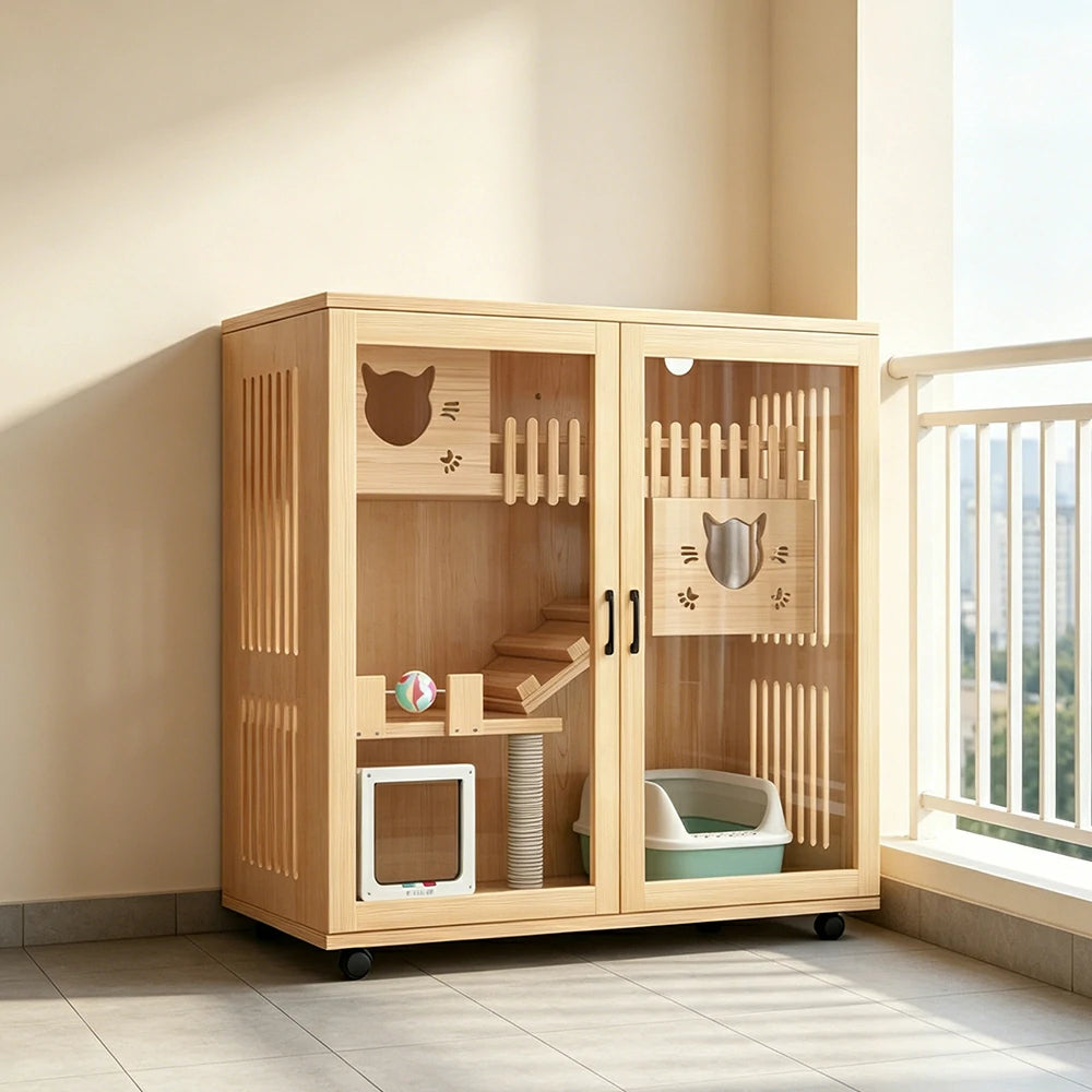PAWORA Multi-Level Cat Cabinet with Ventilated Transparent Doors 120x60x120cm For Living Room Balcony Pet Room - Wood