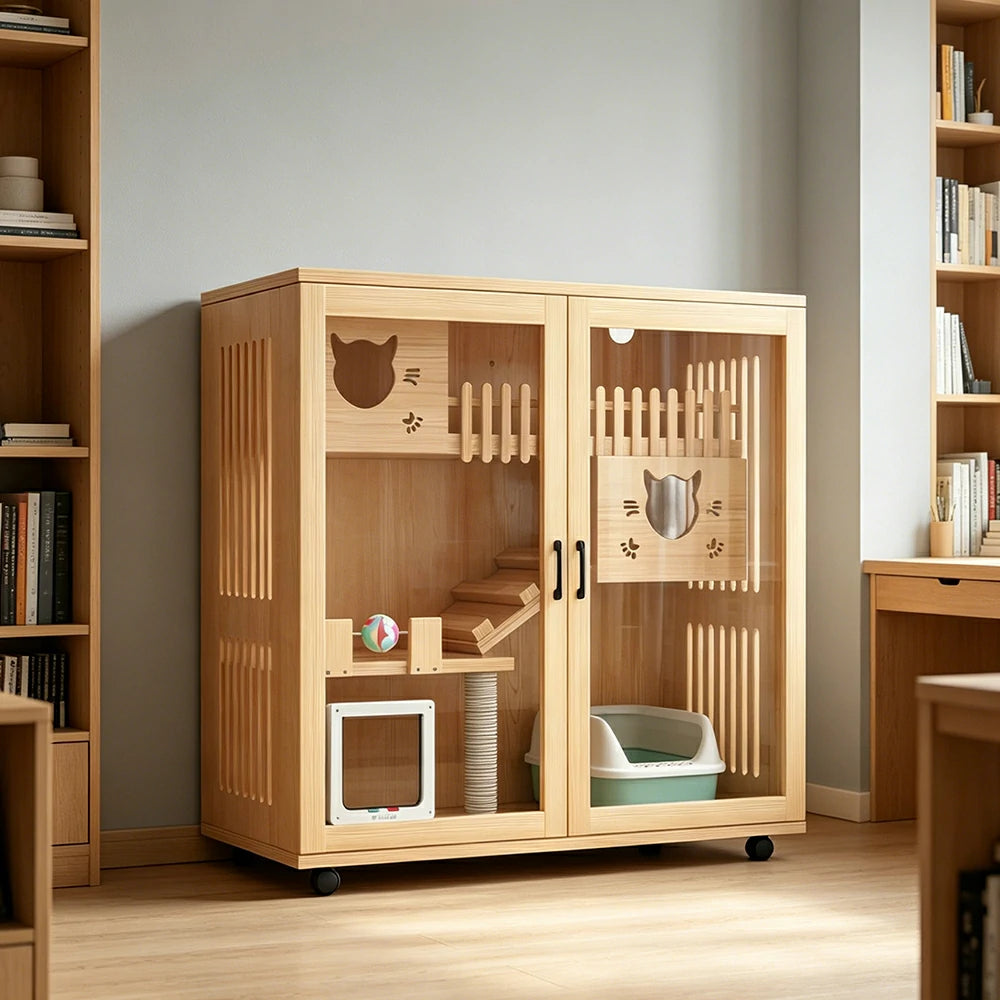 PAWORA Multi-Level Cat Cabinet with Ventilated Transparent Doors 120x60x120cm For Living Room Balcony Pet Room - Wood