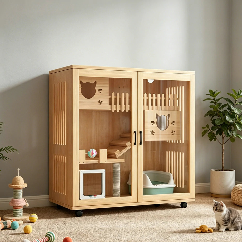 PAWORA Multi-Level Cat Cabinet with Ventilated Transparent Doors 120x60x120cm For Living Room Balcony Pet Room - Wood