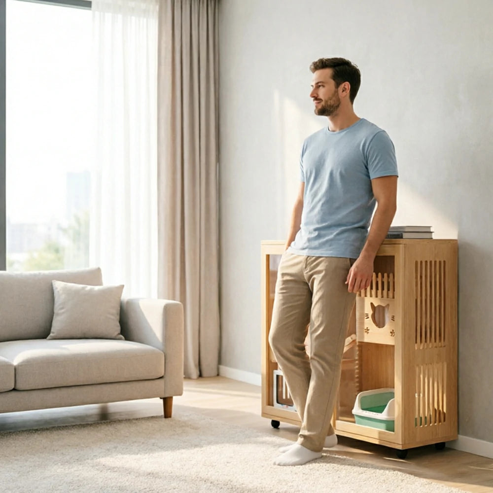 PAWORA Multi-Level Cat Cabinet with Ventilated Transparent Doors 120x60x120cm For Living Room Balcony Pet Room - Wood