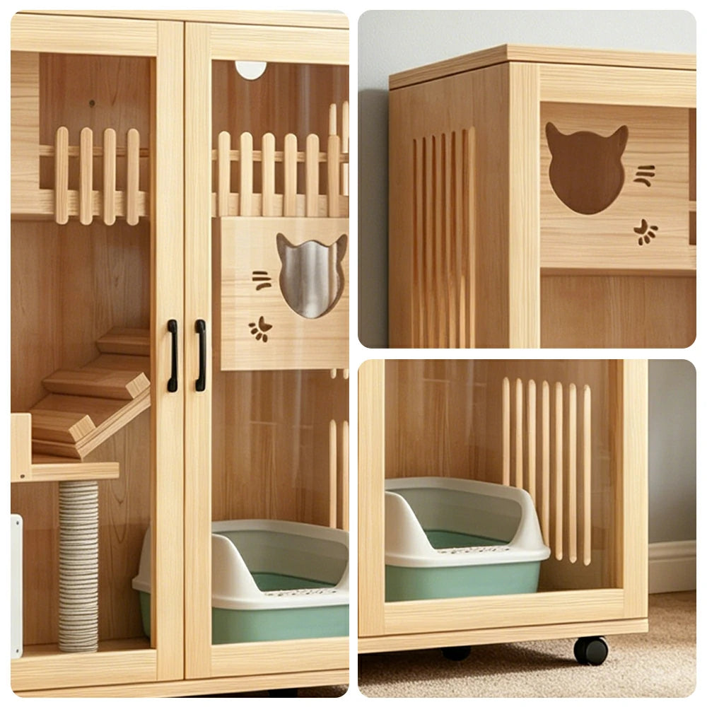 PAWORA Multi-Level Cat Cabinet with Ventilated Transparent Doors 120x60x120cm For Living Room Balcony Pet Room - Wood