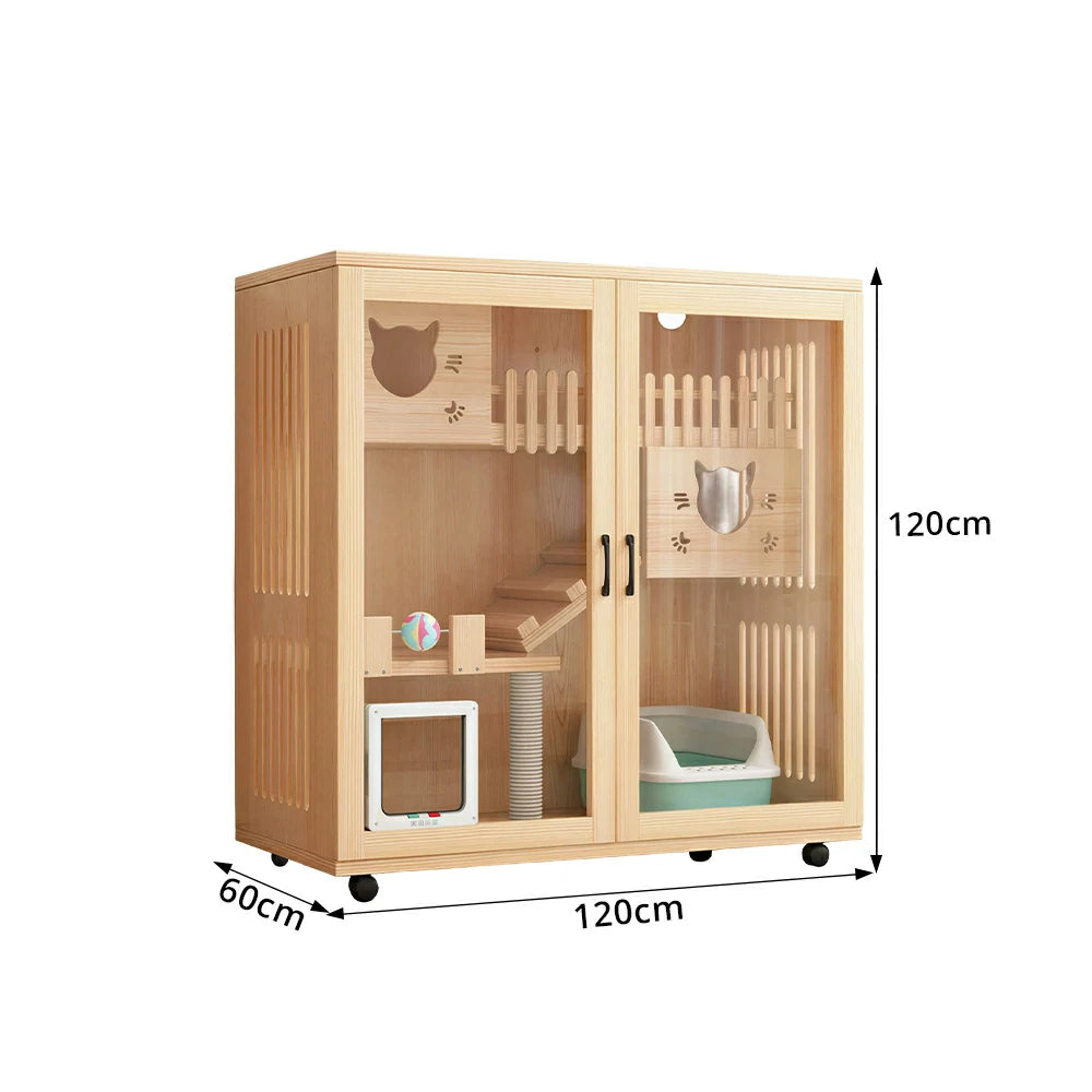 PAWORA Multi-Level Cat Cabinet with Ventilated Transparent Doors 120x60x120cm For Living Room Balcony Pet Room - Wood