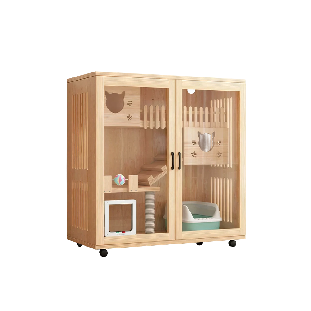 PAWORA Multi-Level Cat Cabinet with Ventilated Transparent Doors 120x60x120cm For Living Room Balcony Pet Room - Wood