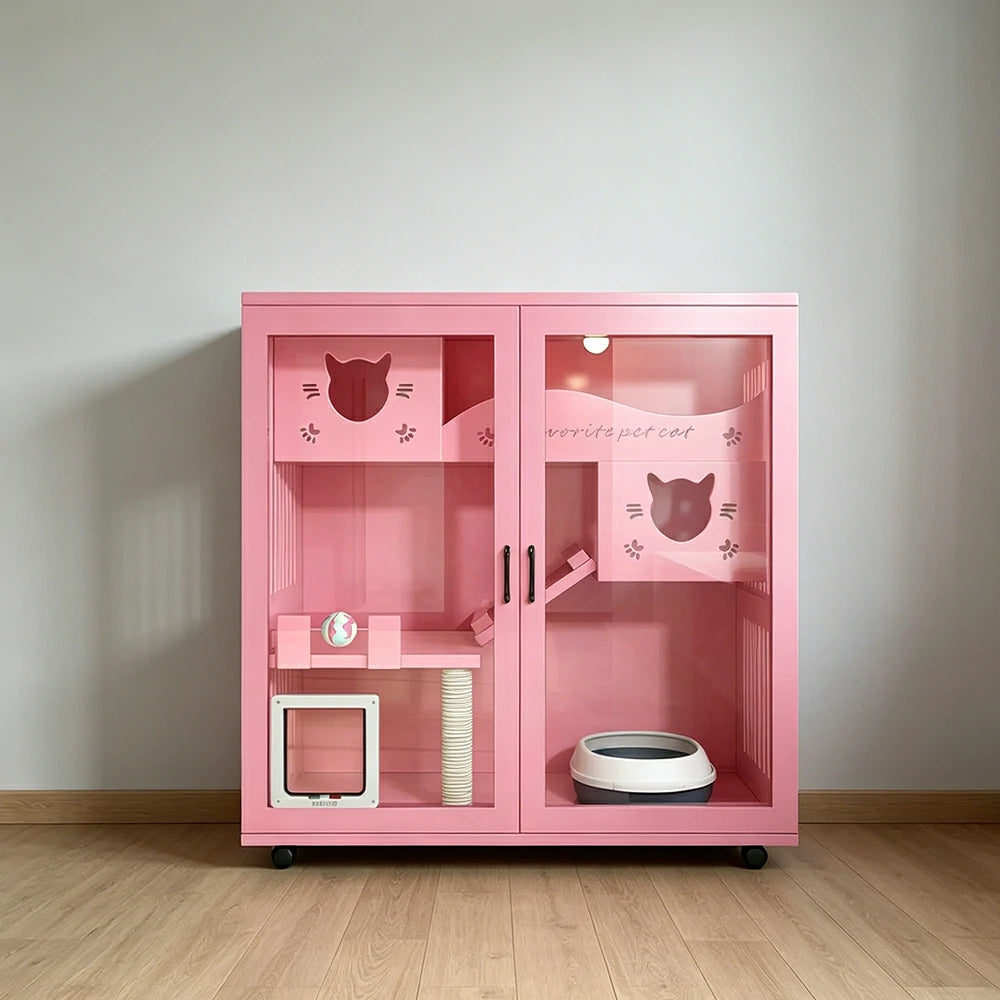 PAWORA Multi-Level Cat Cabinet with Ventilated Transparent Doors 120x60x120cm For Living Room Balcony Pet Room - Pink