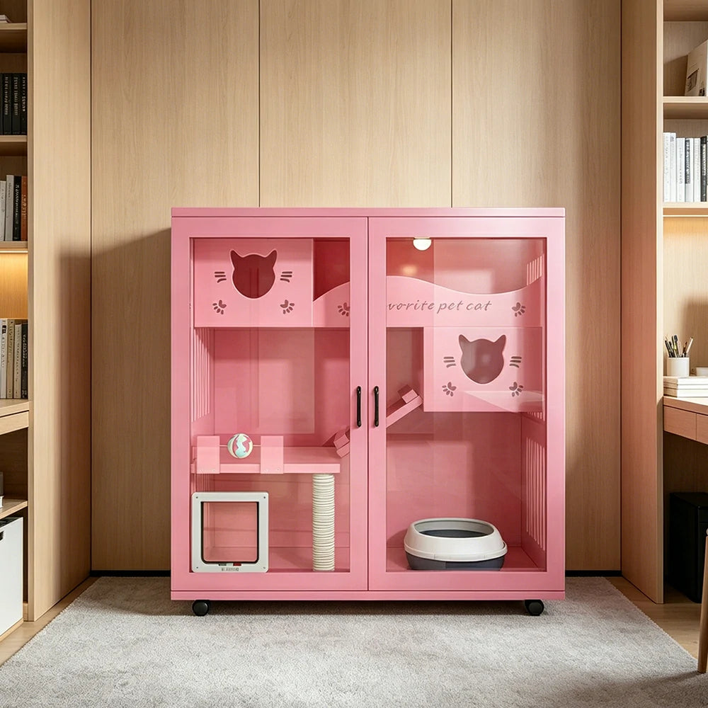PAWORA Multi-Level Cat Cabinet with Ventilated Transparent Doors 120x60x120cm For Living Room Balcony Pet Room - Pink