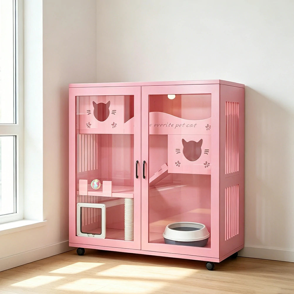 PAWORA Multi-Level Cat Cabinet with Ventilated Transparent Doors 120x60x120cm For Living Room Balcony Pet Room - Pink