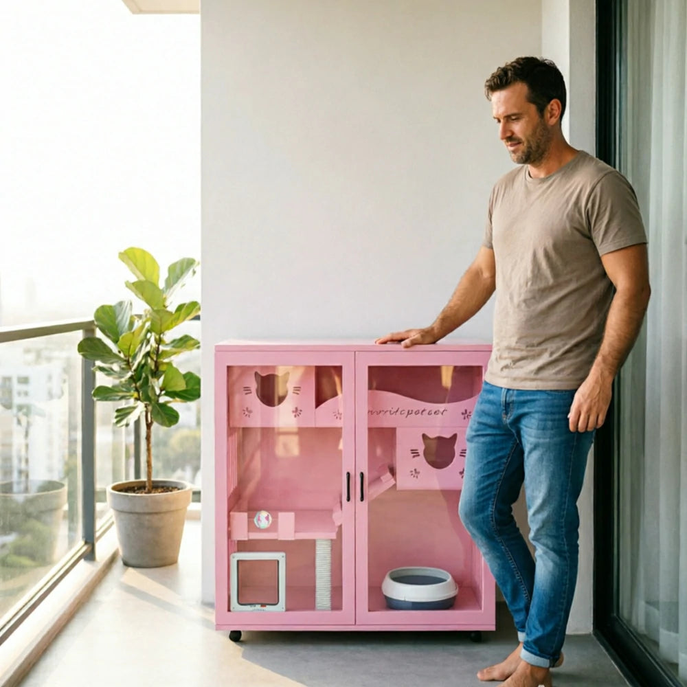 PAWORA Multi-Level Cat Cabinet with Ventilated Transparent Doors 120x60x120cm For Living Room Balcony Pet Room - Pink