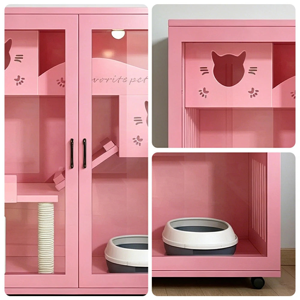 PAWORA Multi-Level Cat Cabinet with Ventilated Transparent Doors 120x60x120cm For Living Room Balcony Pet Room - Pink