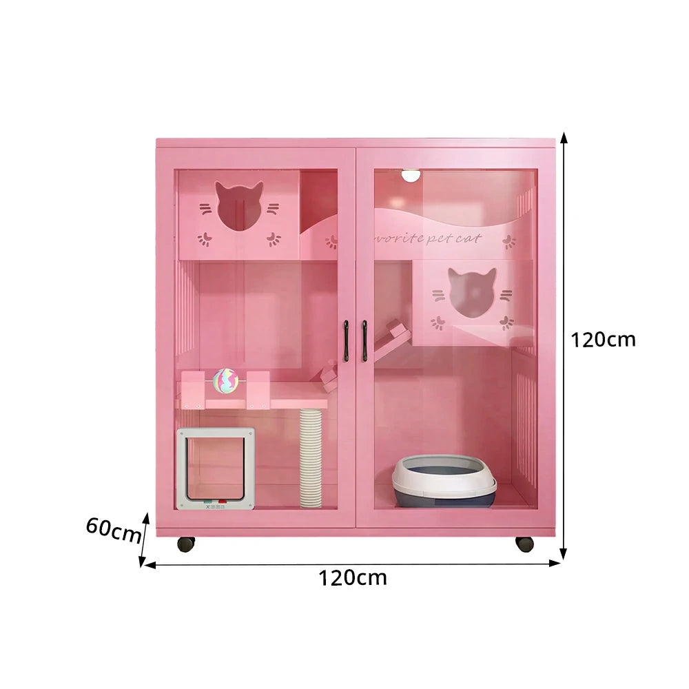 PAWORA Multi-Level Cat Cabinet with Ventilated Transparent Doors 120x60x120cm For Living Room Balcony Pet Room - Pink
