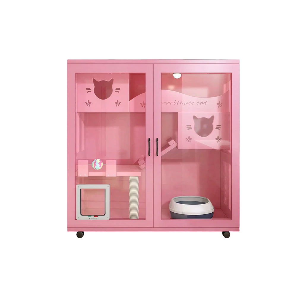 PAWORA Multi-Level Cat Cabinet with Ventilated Transparent Doors 120x60x120cm For Living Room Balcony Pet Room - Pink