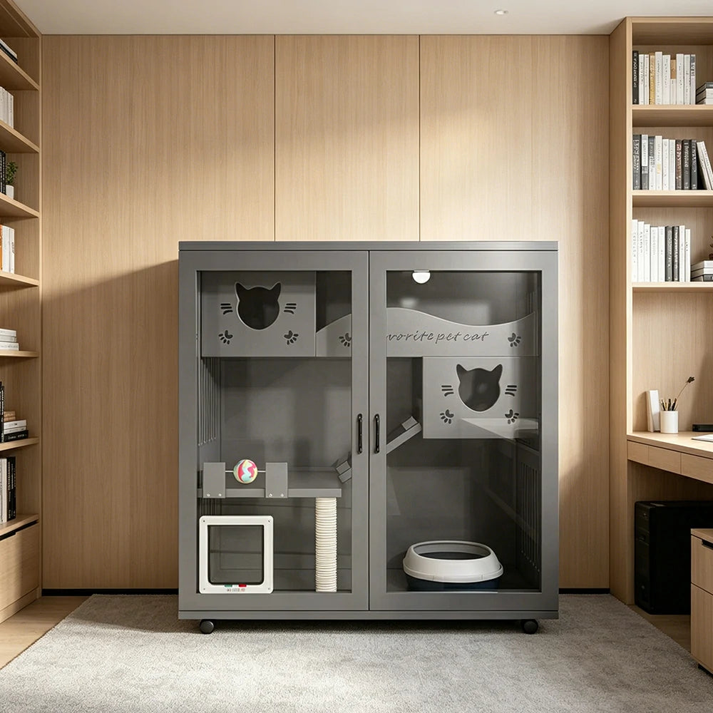 PAWORA Multi-Level Cat Cabinet with Ventilated Transparent Doors 120x60x120cm For Living Room Balcony Pet Room - Grey