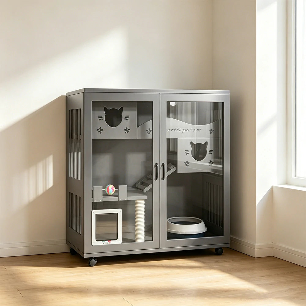 PAWORA Multi-Level Cat Cabinet with Ventilated Transparent Doors 120x60x120cm For Living Room Balcony Pet Room - Grey