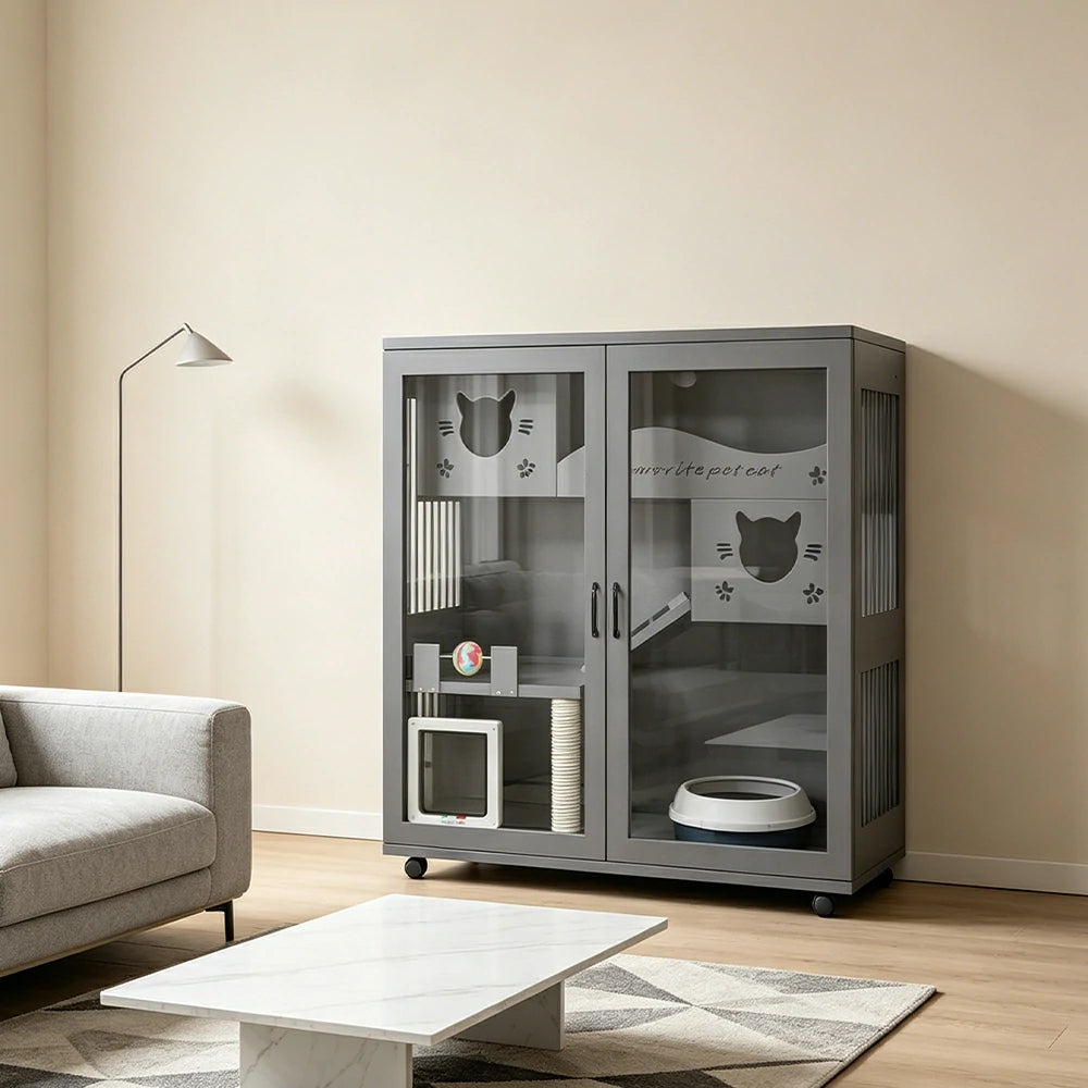 PAWORA Multi-Level Cat Cabinet with Ventilated Transparent Doors 120x60x120cm For Living Room Balcony Pet Room - Grey