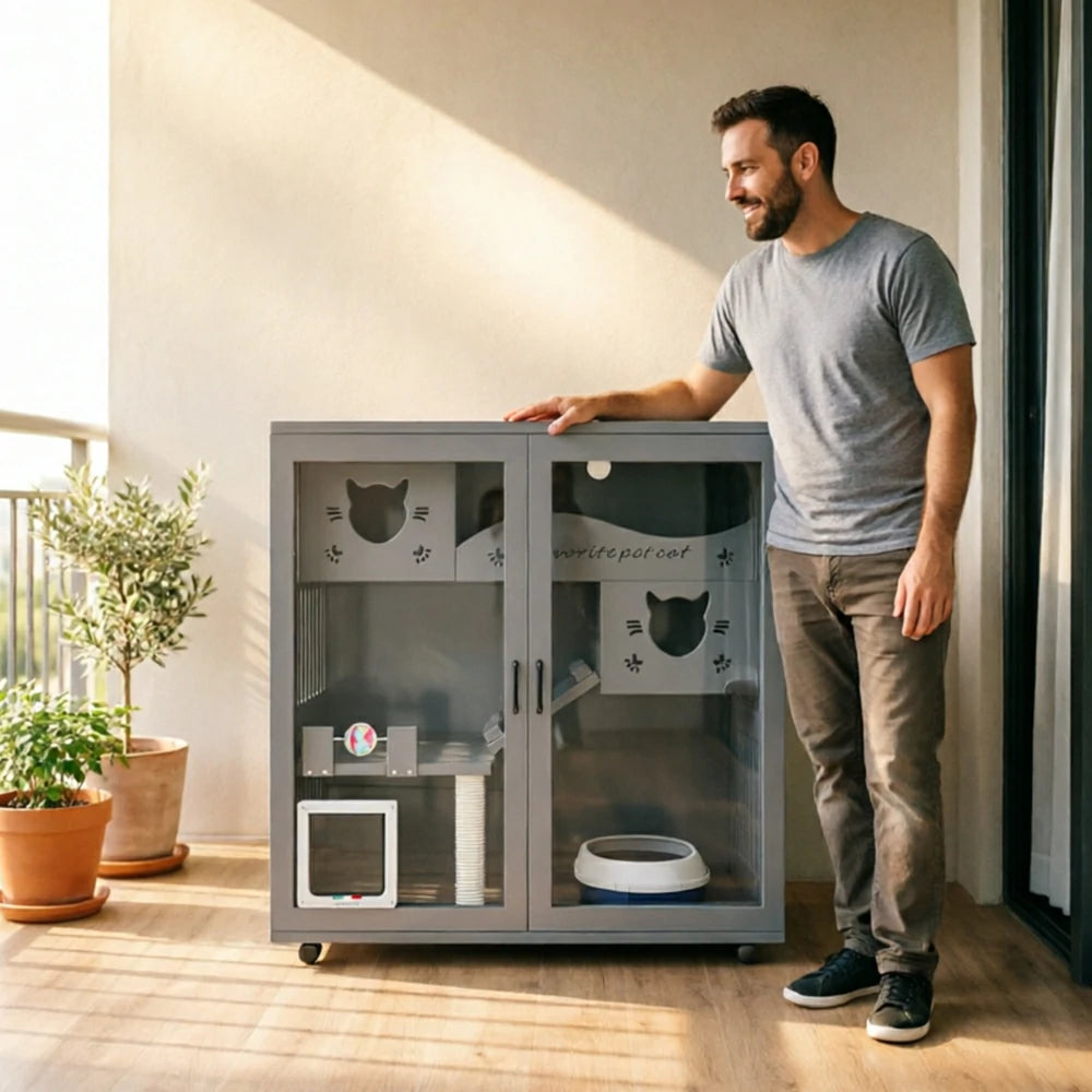 PAWORA Multi-Level Cat Cabinet with Ventilated Transparent Doors 120x60x120cm For Living Room Balcony Pet Room - Grey