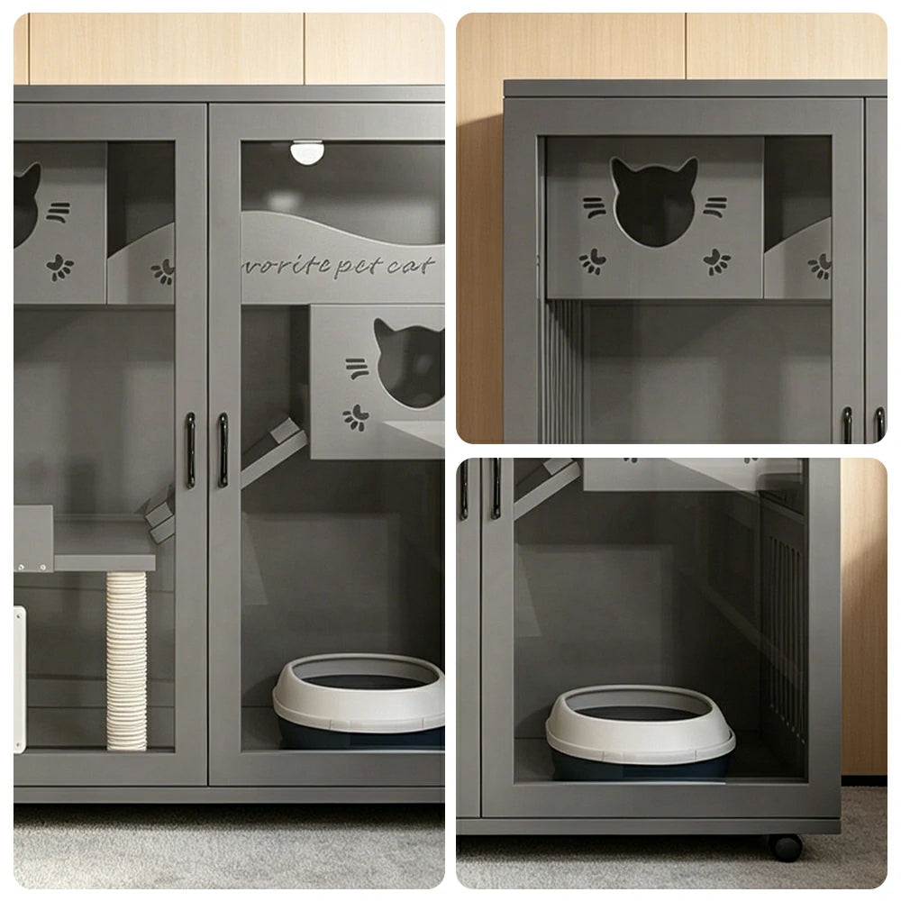 PAWORA Multi-Level Cat Cabinet with Ventilated Transparent Doors 120x60x120cm For Living Room Balcony Pet Room - Grey
