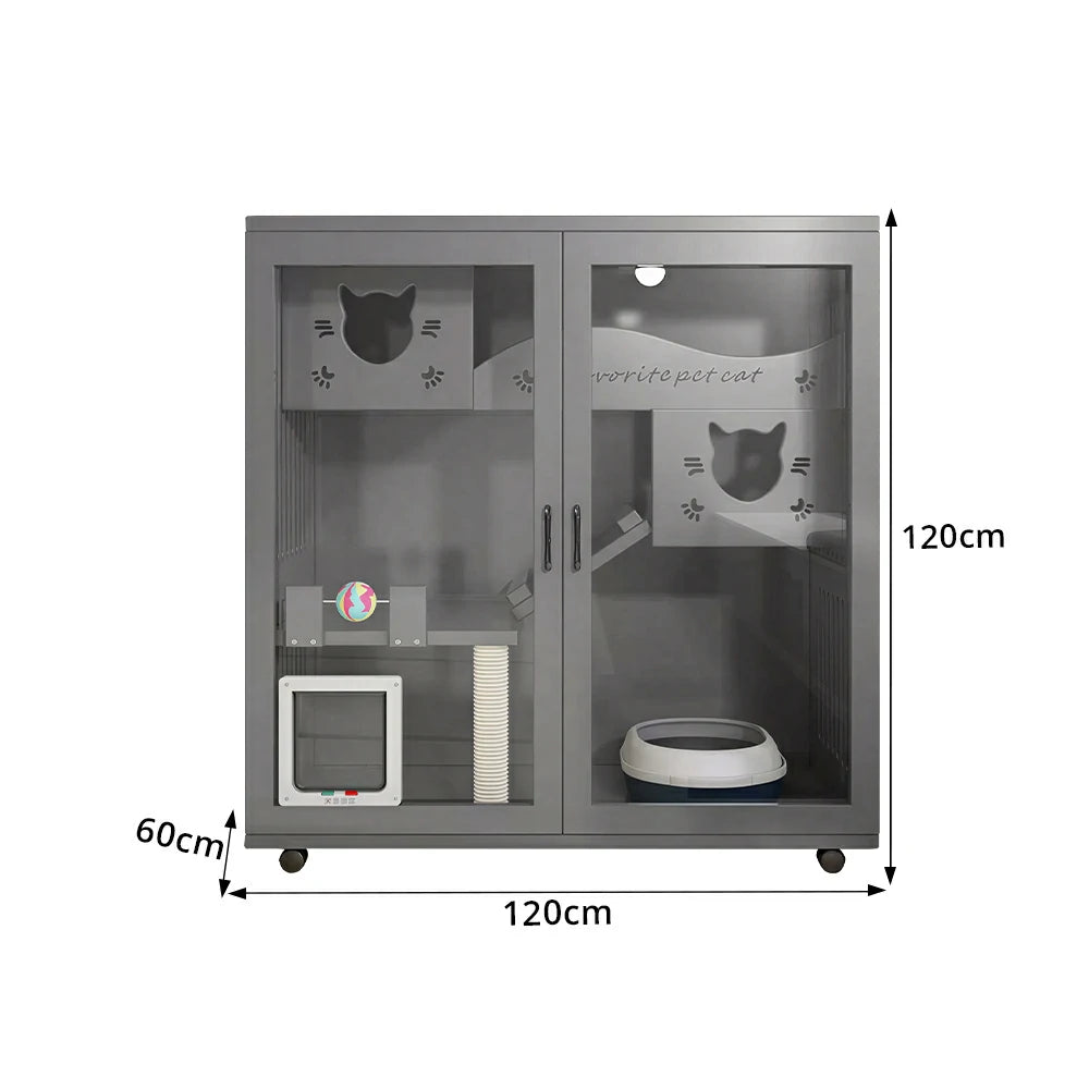 PAWORA Multi-Level Cat Cabinet with Ventilated Transparent Doors 120x60x120cm For Living Room Balcony Pet Room - Grey
